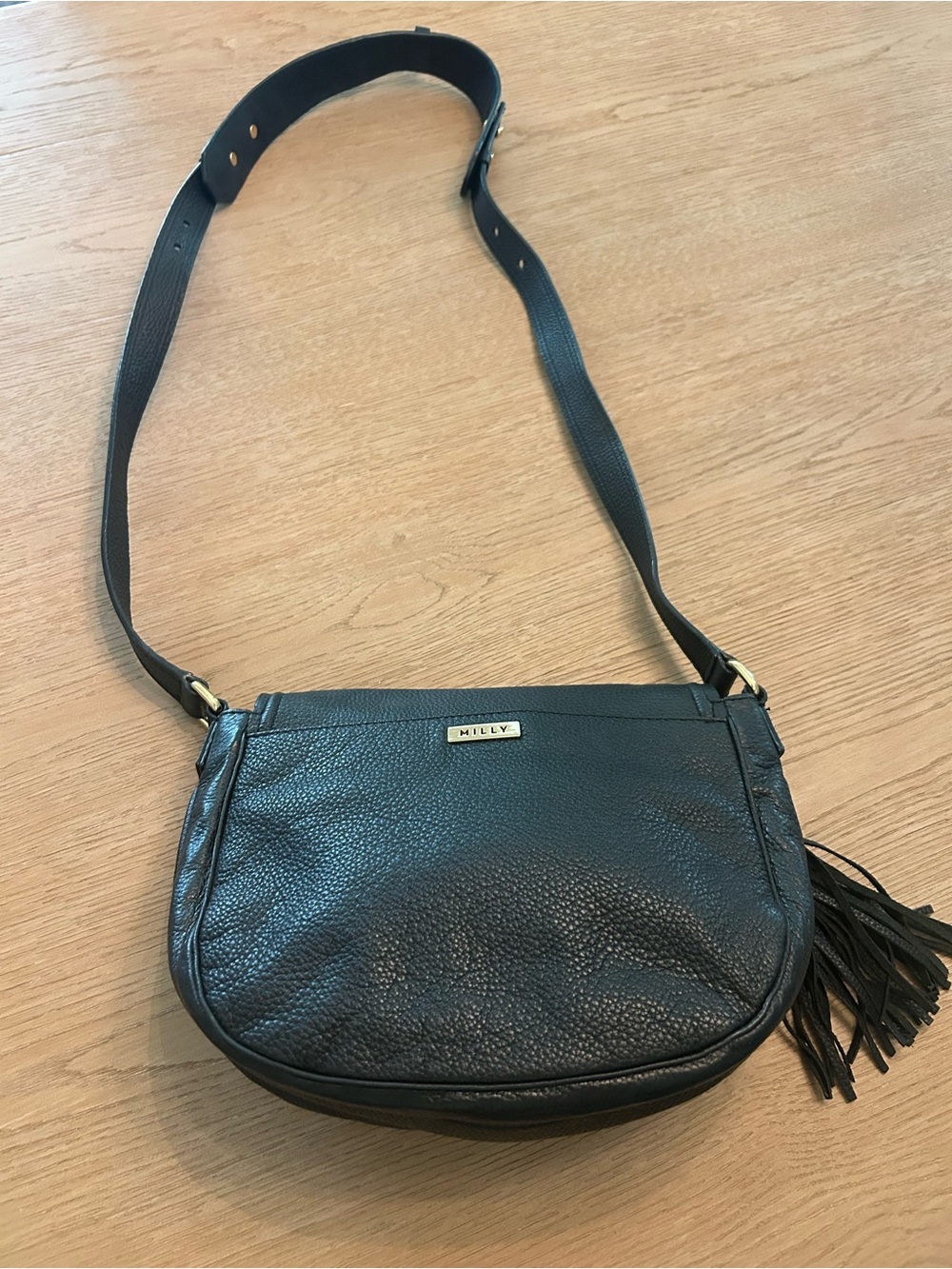 Milly Black Pebbled Leather Crossbody with Tassel